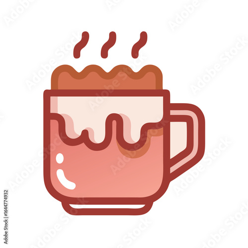 Red mug with steaming hot drink and dripping topping