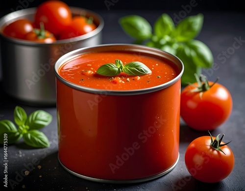 Canned tomato soup with fresh tomatoes and basil