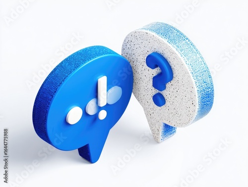 Two 3D speech bubbles, one blue with an exclamation point, the other white with a question mark.  Both have a textured, slightly rough surface.  Clean, simple, and modern design