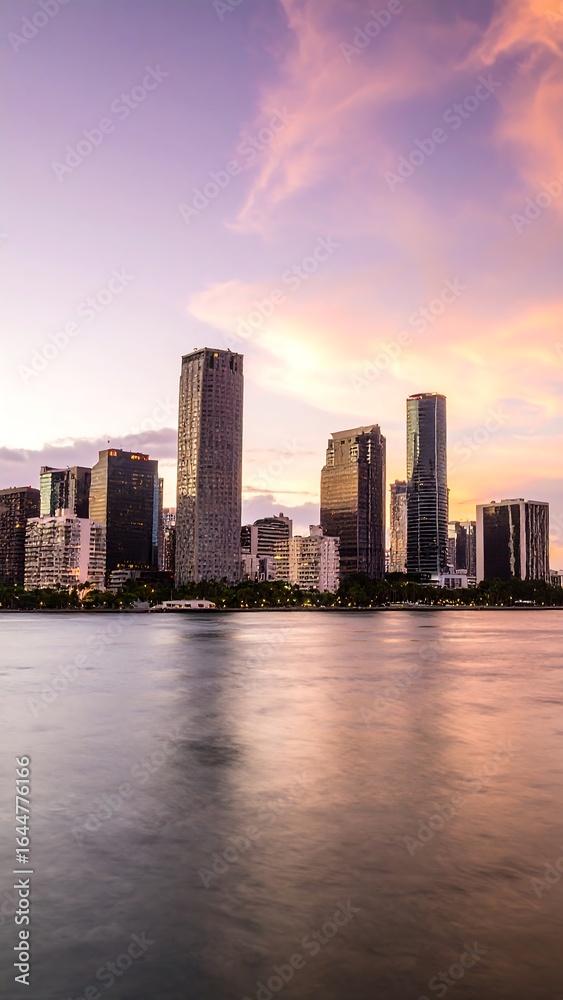 Obraz premium City skyline at sunset, reflected in calm water (2)