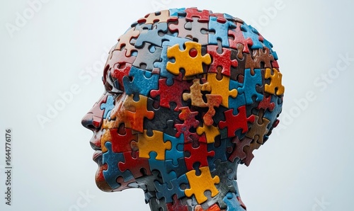 Conceptual image depicting a human head in profile view, integrated with jigsaw puzzle pieces, symbolizing cognitive psychology, mental health, problem-solving, and the complexity, Generative AI