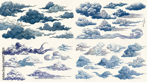 Detailed hand-drawn cloud collection in blue tones, featuring whimsical and textured designs, ideal for decorative projects, patterns, and artistic prints.