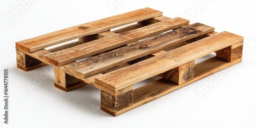Wooden pallet on a white background.  Light brown wood,  rectangular  structure with  horizontal and vertical  boards.  Four  support legs on each side.  Simple, utilitarian design