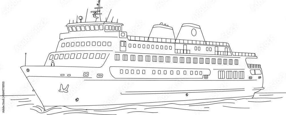 Fototapeta premium Cruise ship line drawing, ocean travel illustration, maritime transportation sketch, modern passenger ferry, detailed nautical vessel outline for design