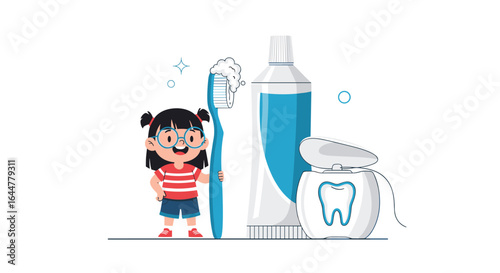 Happy child with toothbrush toothpaste and dental floss for healthy teeth and gums routine