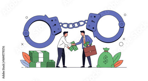 Businessmen caught in illegal financial transactions exchanging money under handcuffs representing corruption and crime impacting legal dealings