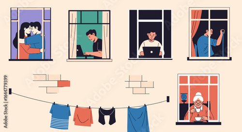 Scenes of daily life unfolding behind apartment windows showcasing diverse activities and relationships