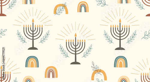 Boho rainbow hanukkah menorah pattern festive celebration symbols