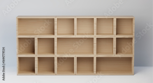 Natural wood cabinet with mixed size compartments - light timber modular shelf system for flexible storage solutions. Scandinavian style organizer unit for books, decor or office supplies display.