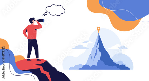 Visionary business leader looking towards distant mountain peak symbolizing future goals and success with determination and strategic planning