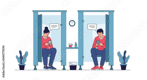 People in separate booths looking at their phones with speech bubbles above them illustrating communication