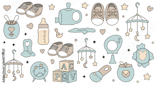 Collection of adorable baby essentials including booties mobiles blocks and bottles for newborns