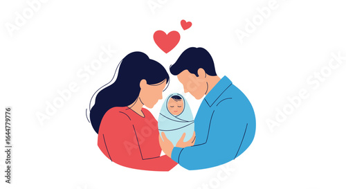 A loving couple embraces their newborn child symbolizing family happiness and the beginning of a new life together