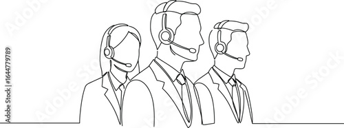 Customer service team with headsets line drawing, professional call center support agents illustration, technical assistance crew, minimal outline vector for communication, teamwork, business help