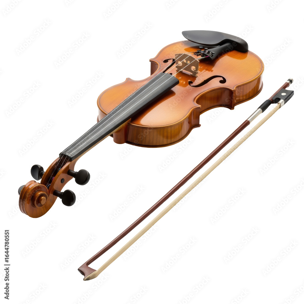 Fototapeta premium A beautiful wooden violin and its bow, ready for a classical music performance or practice. Ideal for music education and artistic concepts.