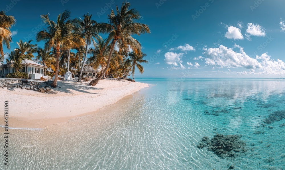 Fototapeta premium Pristine tropical beach with palm trees and white bungalows