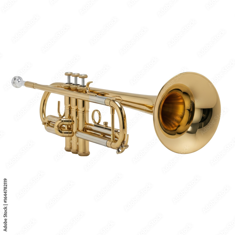 Obraz premium A gleaming brass trumpet with silver details, a classic wind instrument used in orchestras, jazz bands, and various musical performances.