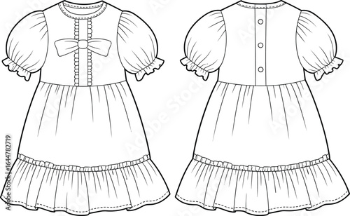 Cute baby girl puff sleeve dress with bow, back button closure, ruffle hem, front and back technical sketch, vector illustration