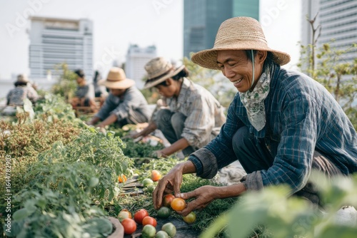 Afternoon in a city rooftop garden in Asia Friends and strangers work together to harvest vegetables The mood is cheerful and helpful, Generative AI