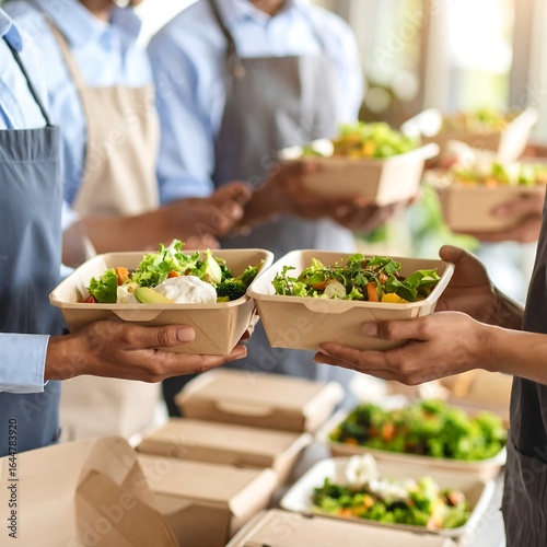 Diverse group passing out food containers