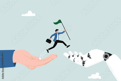 AI adoption or implementation to success, change or transformation using Artificial Intelligence innovation to help business achievement, businessman hold winning flag jump from human hand to AI hand.