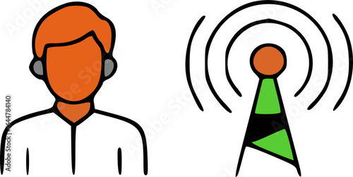Person with headset near communication tower; broadcasting or connection concept.