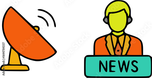 Colorful icons of a satellite dish and a news anchor representing broadcasting and media.