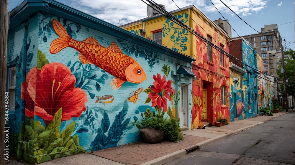Fototapeta premium Immersive Mural Composition of Luminous Fish in Urban Graffiti – Street Art Visual for Inclusive Metaverse Branding