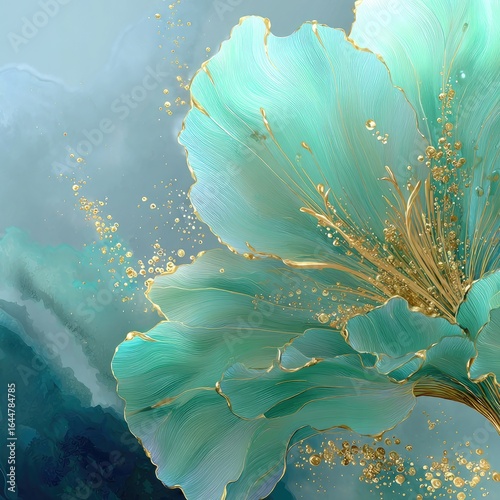 Close-up of a teal flower with gold accents, against a soft muted blue backdrop