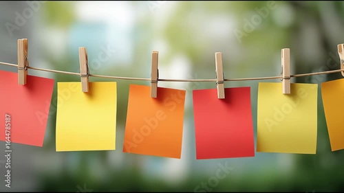 Line of colorful sticky notes hanging on a clothesline. The notes are of different colors and sizes, and they are all hanging together. Concept of organization and tidiness