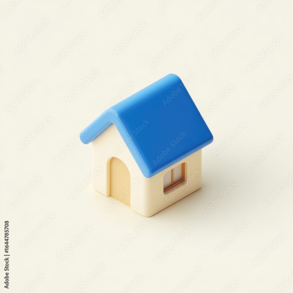 Small, stylized, 3D model of a house. Pale yellow walls, light blue roof. Simple, minimal design. Isometric view Small, stylized, 3D model of a house. Pale yellow walls, light blue roof. Simple, minimal design. Isometric view