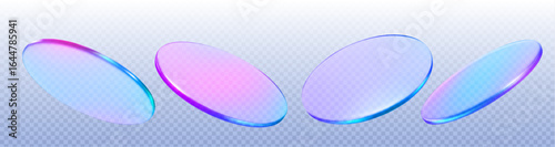 Holographic 3d podium discs with iridescent gradient - floating round platforms in pink blue purple spectrum, transparent stage elements for product display, presentation or modern digital showcase.