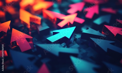 Artistic digital rendering of a collection of arrows pointing in various directions, symbolizing the complexity of choices involved in the decision-making process and the exploration, Generative AI