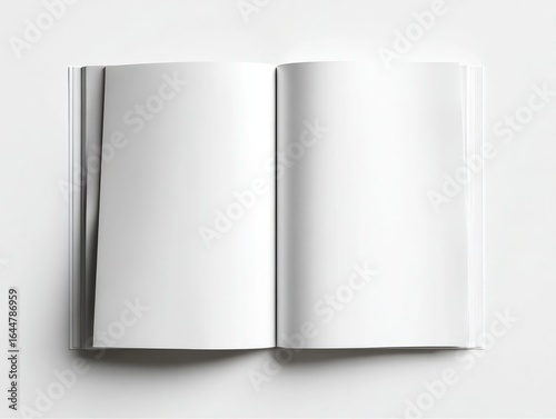 Open book, blank pages, white background.  A blank book lies open on a white surface, showcasing two pristine, white pages.  The pages are smooth and unmarred, ready for content