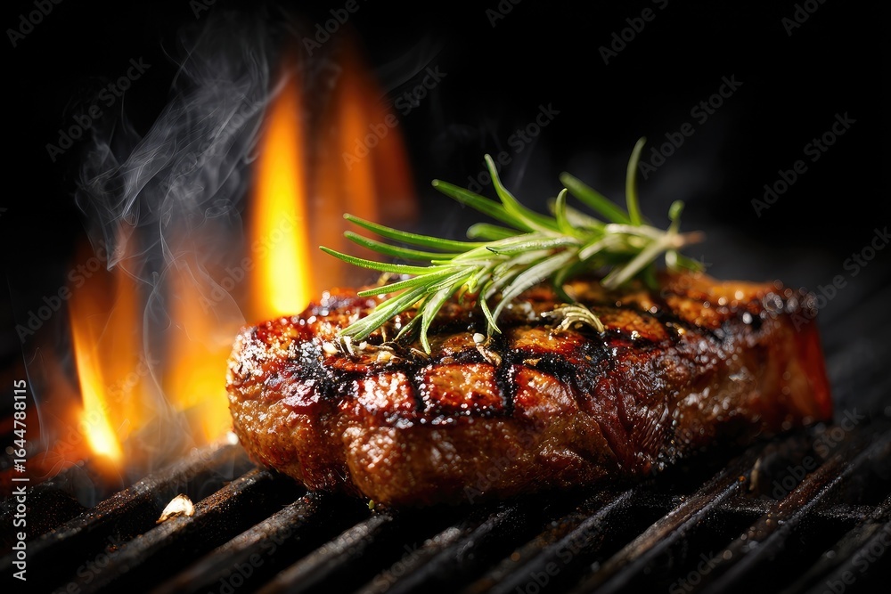 Juicy steak sizzling on a hot grill, with flames and smoke rising Juicy steak sizzling on a hot grill, with flames and smoke rising