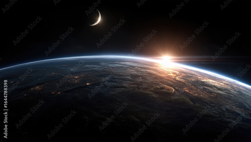 Obraz premium Earth rising, crescent moon, sunrise. Vast expanse of space, with a detailed view of Earth's surface, illuminated by sunrise. A crescent moon hangs in the distance