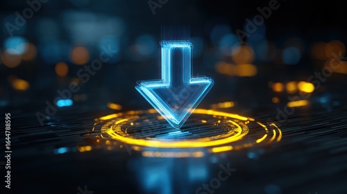 Digital Download: An illuminated neon arrow elegantly points downwards, encircled by glowing halos, over a sleek, technological backdrop that represents easy and efficient downloads.