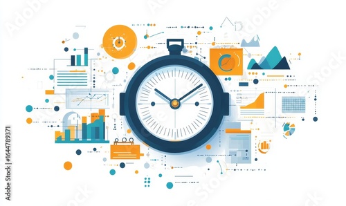 Abstract illustration of time management, with a prominent clock surrounded by various abstract elements symbolizing productivity, organization, and the flow of time, Generative AI