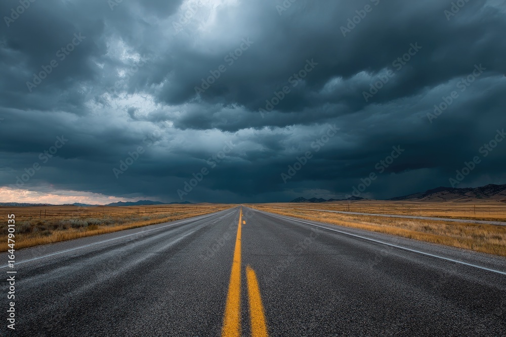 Naklejka premium Empty highway stretching into a vast, ominous sky
