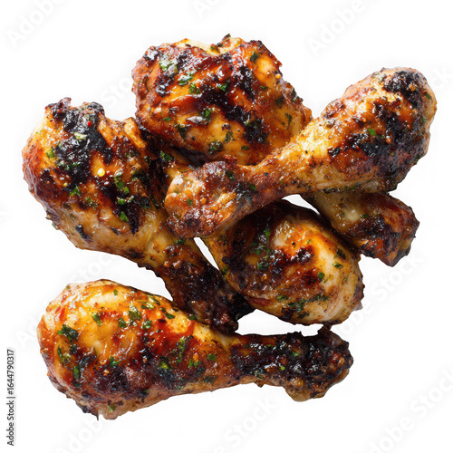 picy Jerk Chicken Grilled chicken drumsticks spicy sauce brown, on a white background