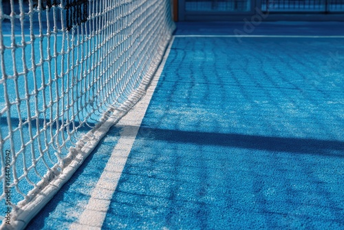 Close-up of a court's net and surface.  A section of a vibrant blue court, with a white boundary line and a net. Shadows are visible, emphasizing the texture of the surface