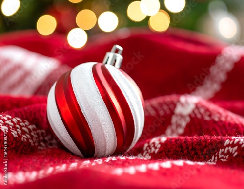 Christmas ornament on a red blanket with blurred holiday lights
