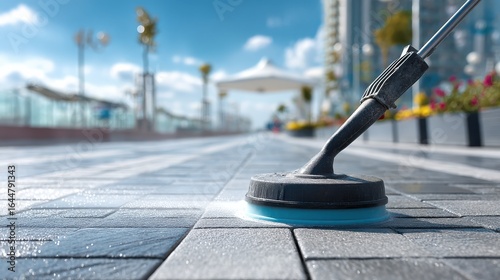 Wallpaper Mural A close-up of a cleaning tool on a paved surface, with sunlight illuminating the scene and a background of palm trees and modern architecture. Torontodigital.ca