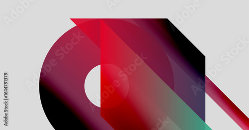 Abstract geometric composition. Overlapping shapes create dynamic visual impact. Red, teal, purple hues dominate design. Minimalist aesthetic.