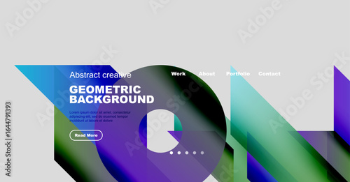 Website mockup displays abstract geometric background. Navigation includes work, about, portfolio, contact options. Button prompts further reading.