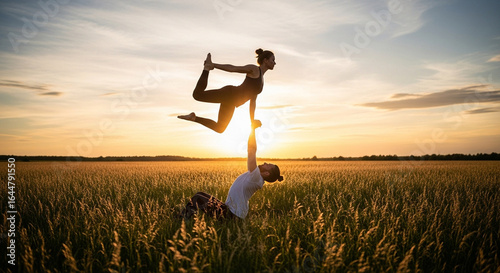 A couple performs a graceful acro yoga pose, silhouetted against the golden sunset in a beautiful grassy field.
