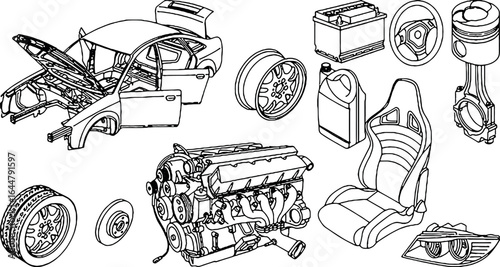Vector illustration of various disassembled car parts, including the body, engine, and interior.