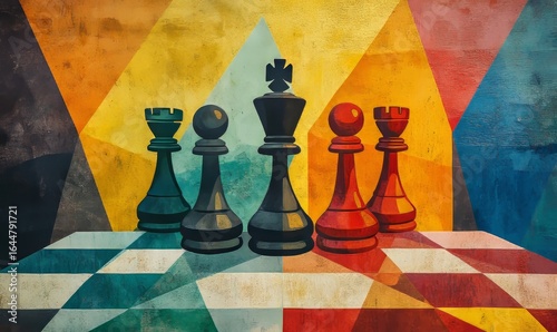 Abstract illustration representing strategic planning in business or life, depicted with chess pieces symbolizing decision-making, tactics, and the art of strategy, Generative AI