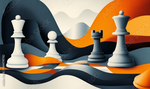 Abstract illustration representing strategic planning in business or life, depicted with chess pieces symbolizing decision-making, tactics, and the art of strategy, Generative AI