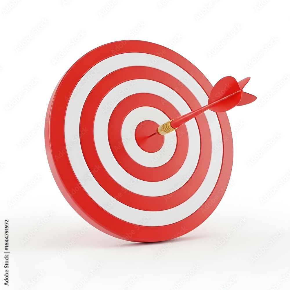 A 3d rendering of a dart hitting the bullseye on a red and white target isolated on white background A 3d rendering of a dart hitting the bullseye on a red and white target isolated on white background